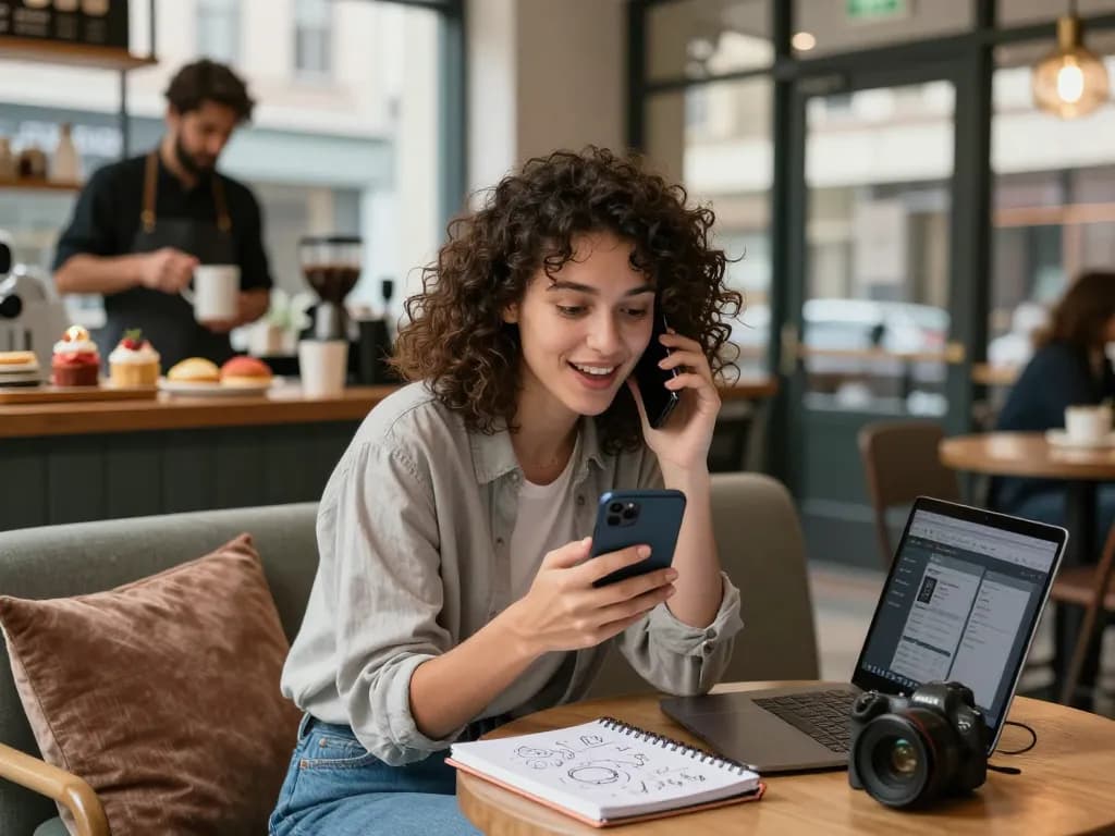 Young woman joyfully chatting with her AI girlfriend in a cozy café, showcasing modern companionship.