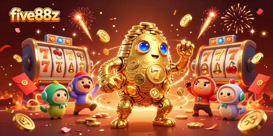 Engage in thrilling gameplay at five88z with an exciting scene of a golden golem and vibrant slot elements.