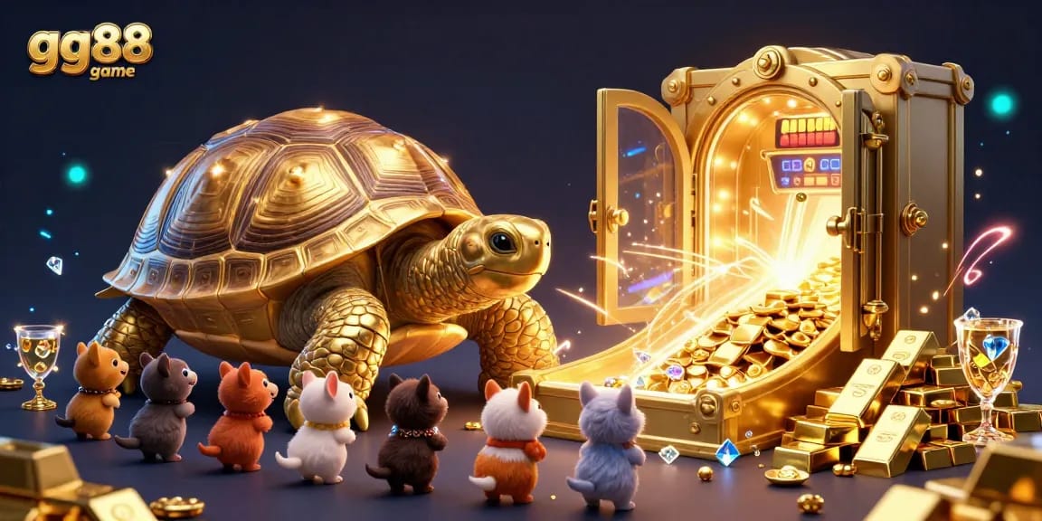 Engage with gg88 game as the colossal tortoise pinball machine dazzles with golden treasures and vibrant characters.