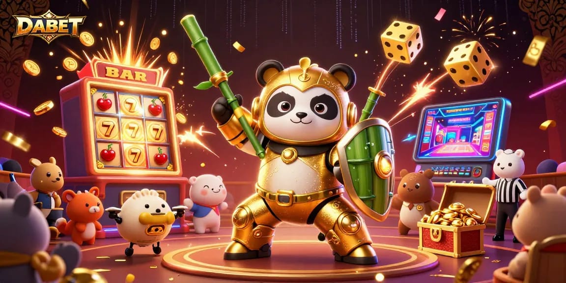 DABET challenges luck with a vibrant gaming scene featuring a golden panda in a mech-suit.