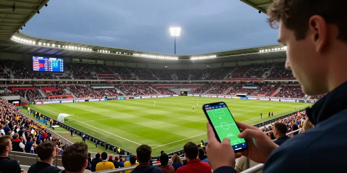Sports betting scene at a stadium with live odds for s6667, match predictions and expert analyses.