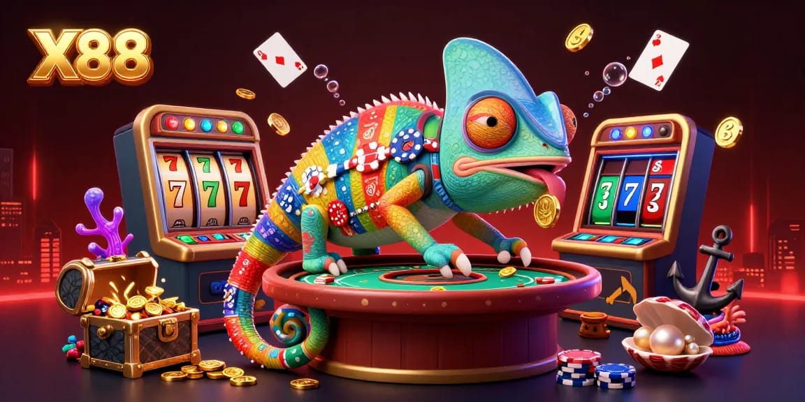 X88 casino scene showcasing vibrant chameleon owner among colorful slot reels and gold coins.