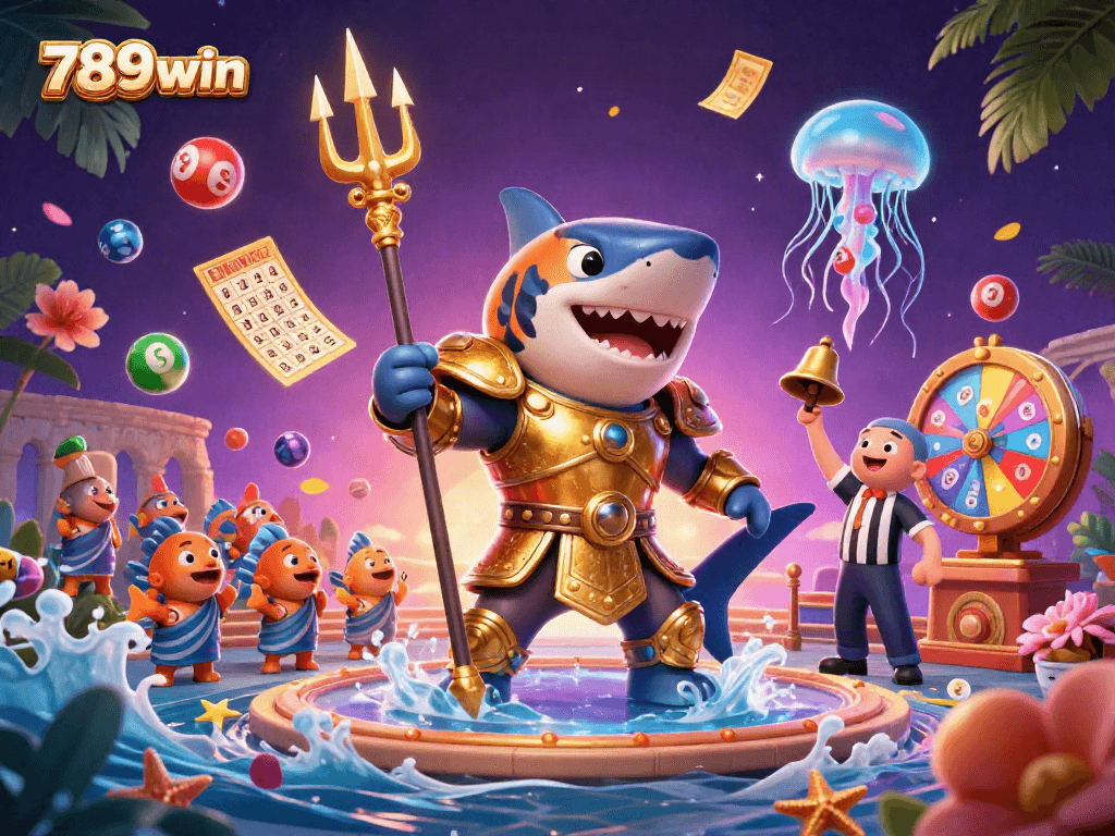 Engage with 789win's vibrant underwater casino scene featuring a shark gladiator amidst explosive lottery excitement.