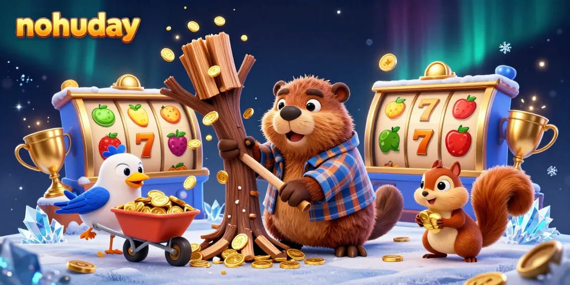 Win big with nohuday in a dynamic casino scene featuring cartoon characters playing slots.