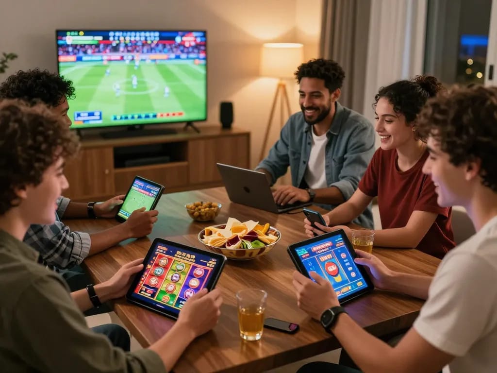 Friends enjoying 68win online casino games together, showcasing engaging betting interfaces.