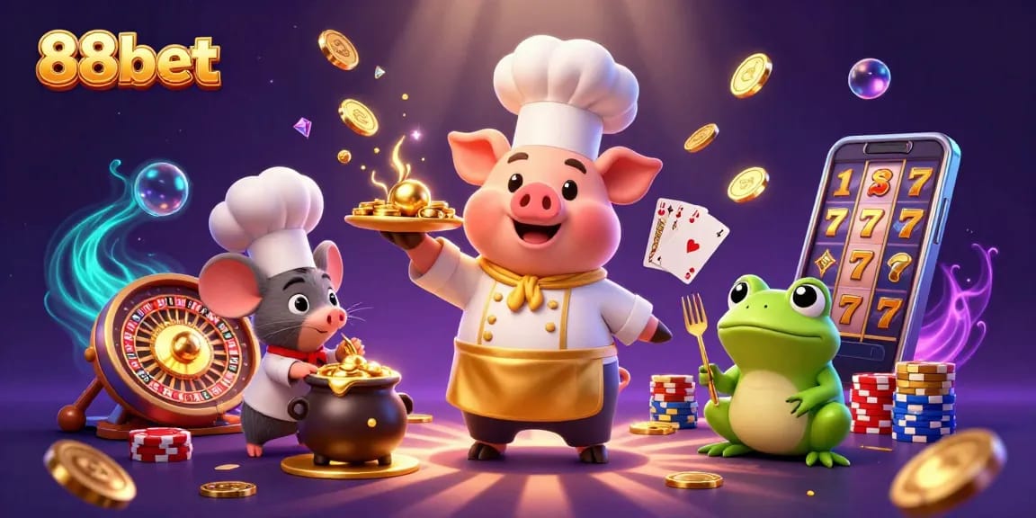 88bet's vibrant casino scene featuring a pig chef, mouse sous-chef, and frog critic amidst golden coins.