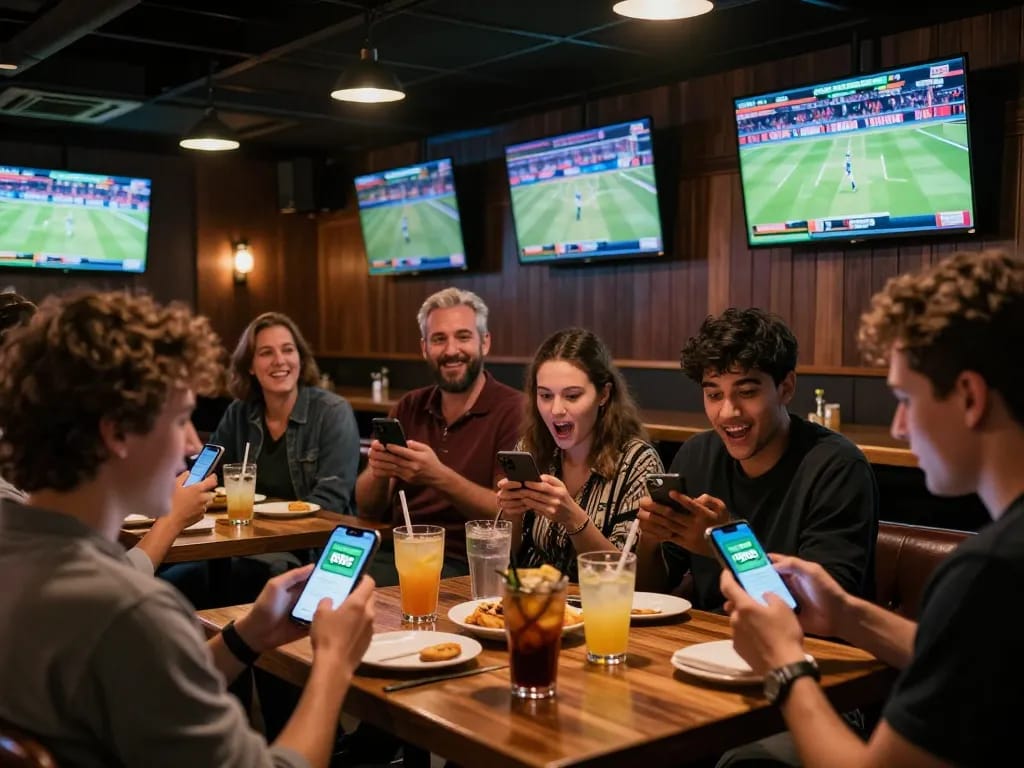 Patrons placing bets on their smartphones with the open88ss app in a lively sports bar setting.