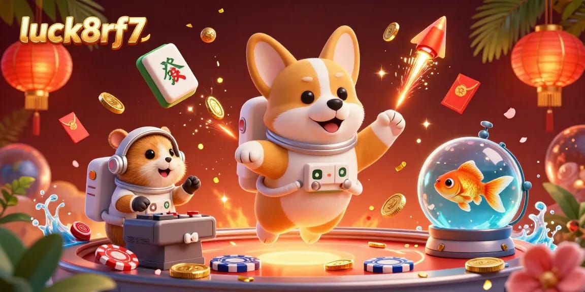 Engage with luck8rf7's casino adventure featuring a floating corgi and vibrant casino elements.