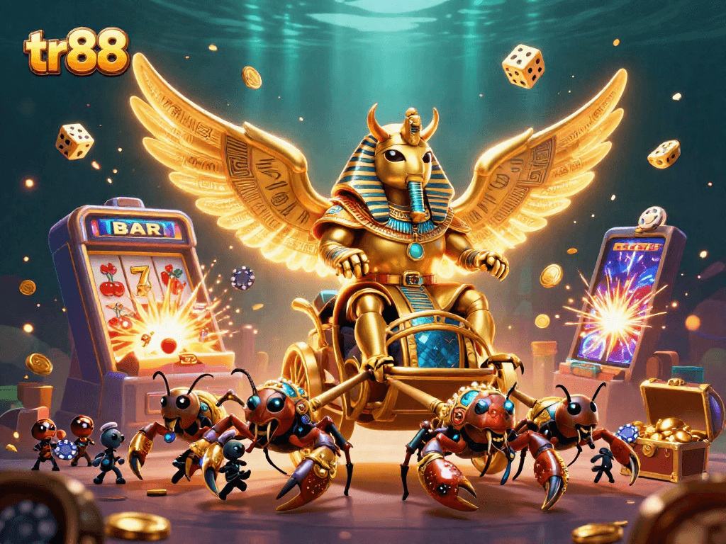 Engage with tr88's thrilling casino action featuring golden scarab beetle and jackpot slots.