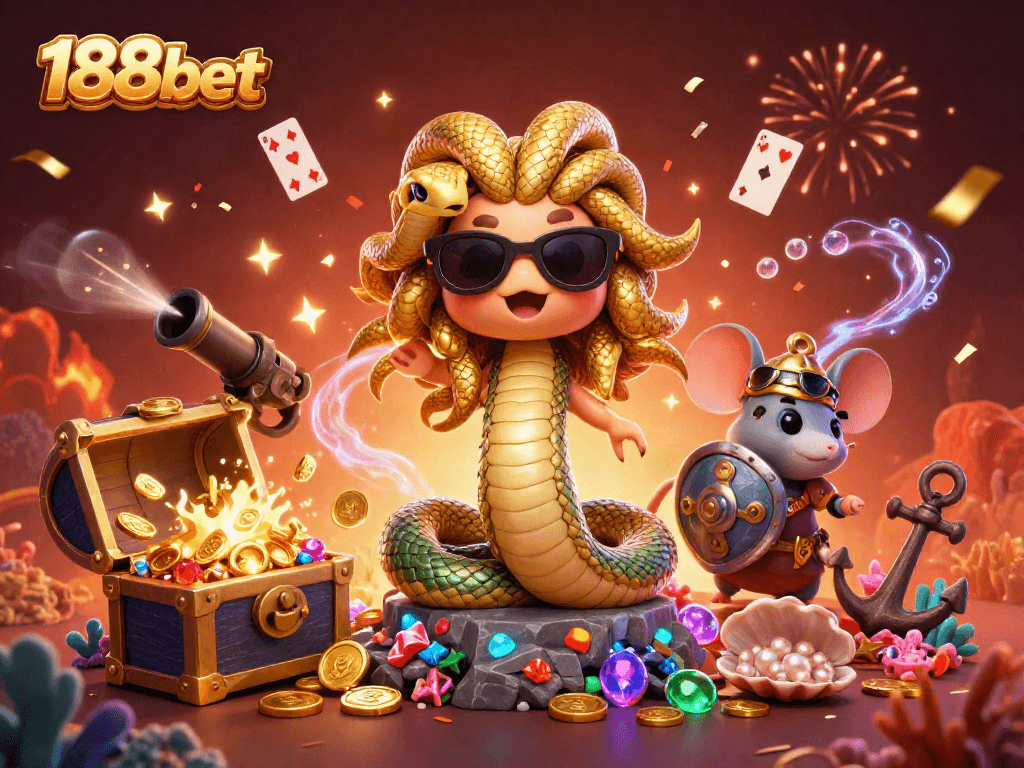 Engage with the lively scene of 188bet featuring Medusa and a warrior mouse amidst treasure and gaming elements.