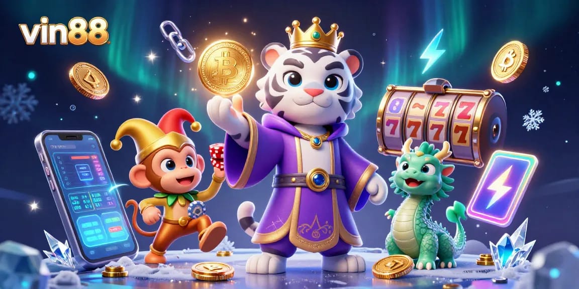 Play slots at vin88 with a royal tiger and a jester monkey in a vibrant 3D casino setting.