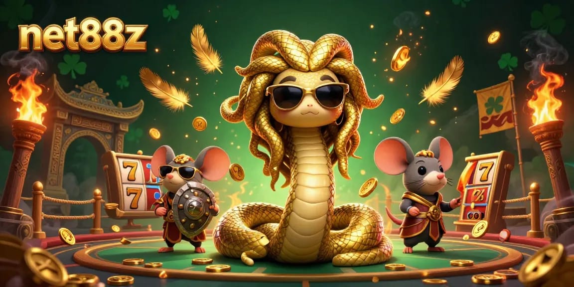Join net88z in a lively casino scene with Medusa and a warrior mouse amidst golden coins and slot machines.