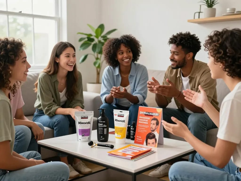 Kirkland Minoxidil UK products showcased in a cozy living room with friends discussing effective hair care solutions.