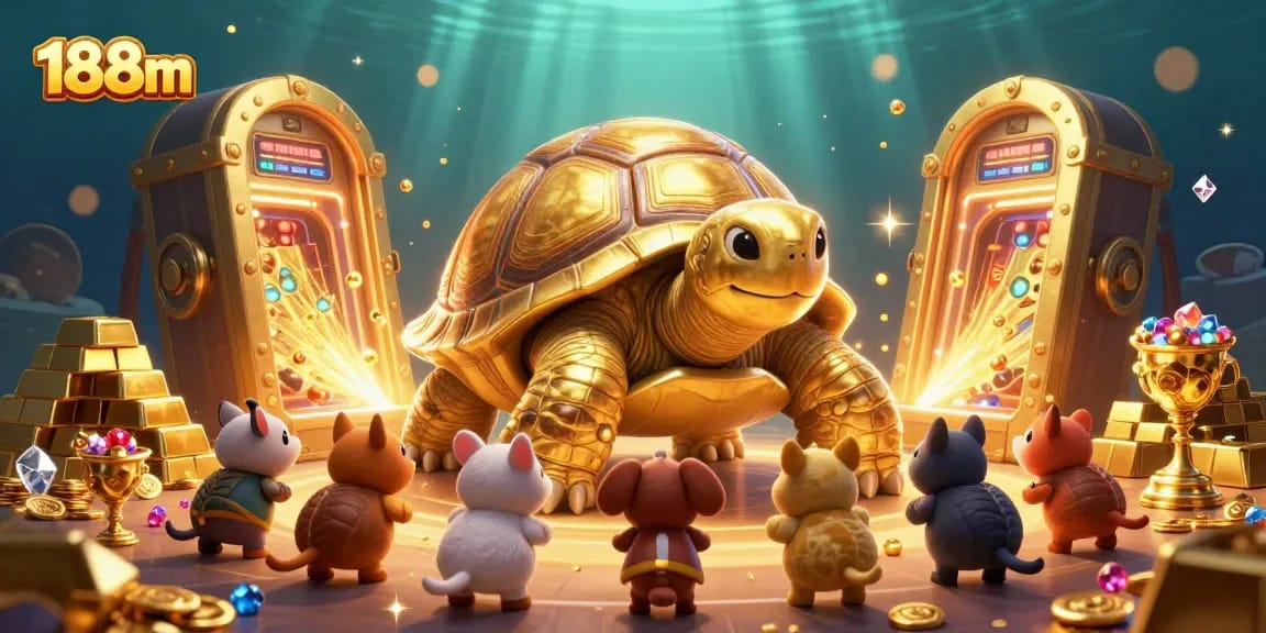 Engage with 188m's vibrant casino world, featuring a golden tortoise pinball and treasures.