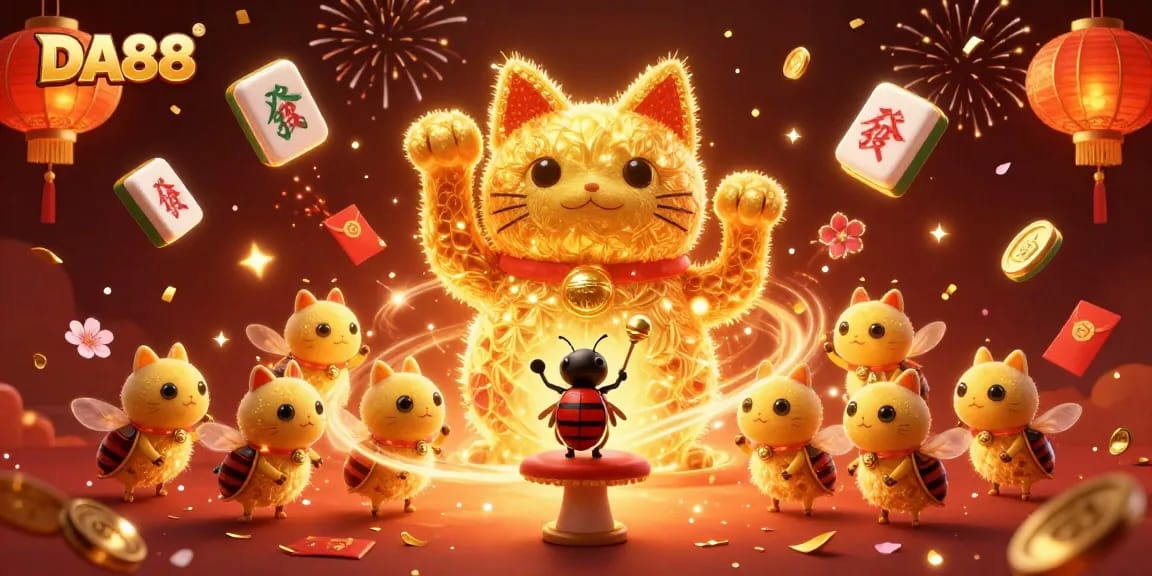 Experience DA88 with enchanting golden fireflies and vibrant casino symbols in a festive illustration.