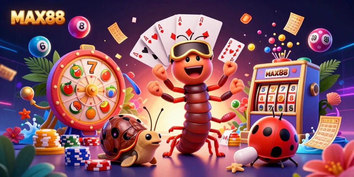 MAX88 showcases a vibrant casino scene with colorful characters and game elements, including playing cards and lottery balls.