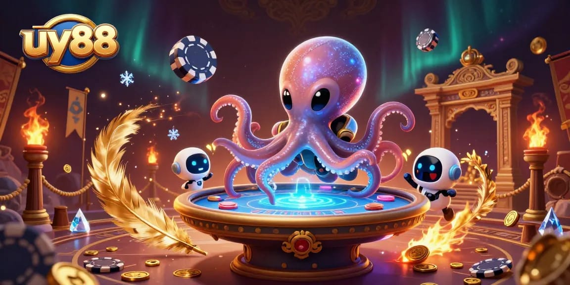 uy88 offers thrilling poker games with an alien octopus dealer and vibrant casino elements.