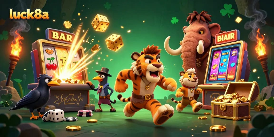 Engage with luck8a's thrilling gaming experience at a vibrant prehistoric casino with dynamic action.
