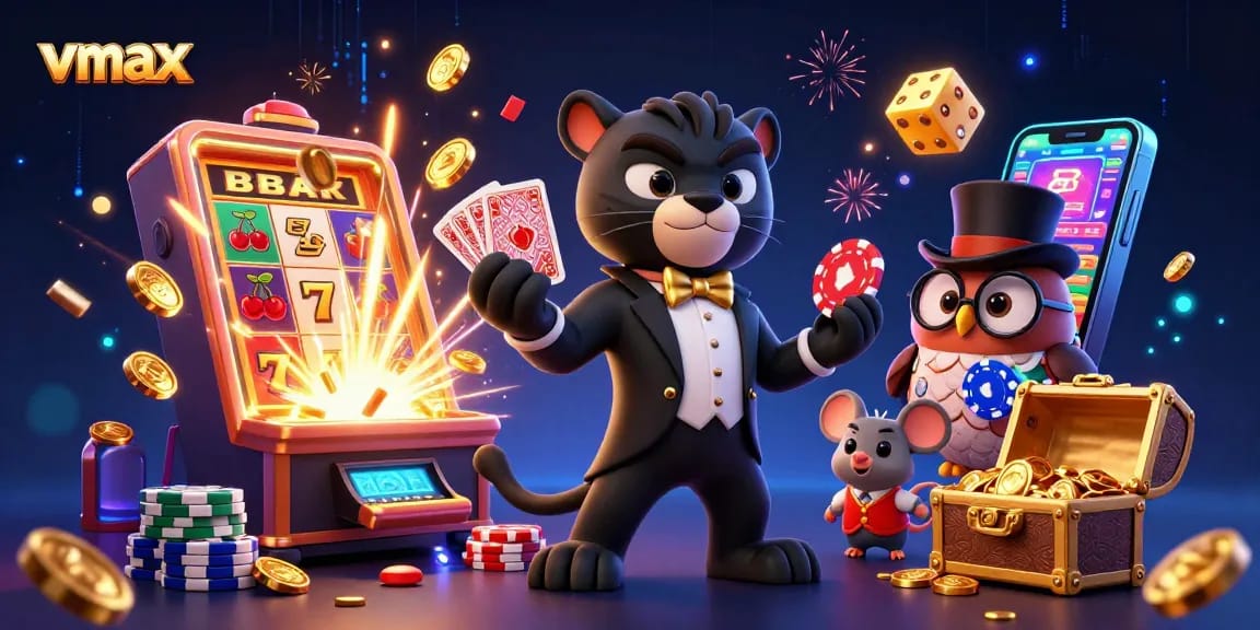 Engage with vmax by witnessing the stylish black panther dealing cards amidst a jackpot explosion in this vibrant casino scene.