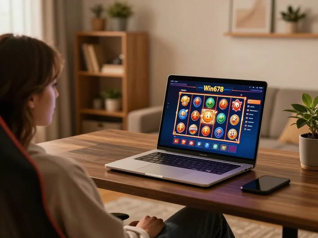 Engaging in online gambling with Win678 on a stylish laptop at home.