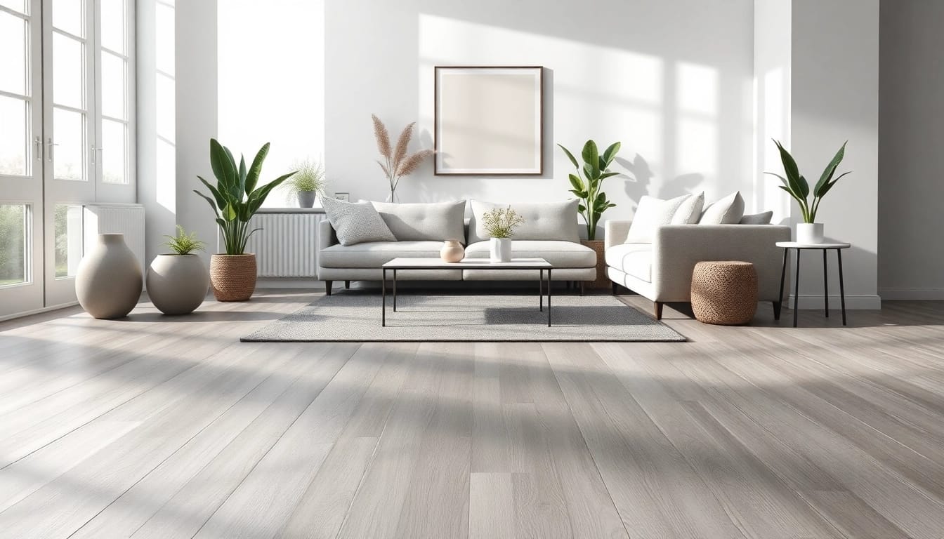 Showcase of vinyl plank flooring in moonlight grey enhancing a modern living space.