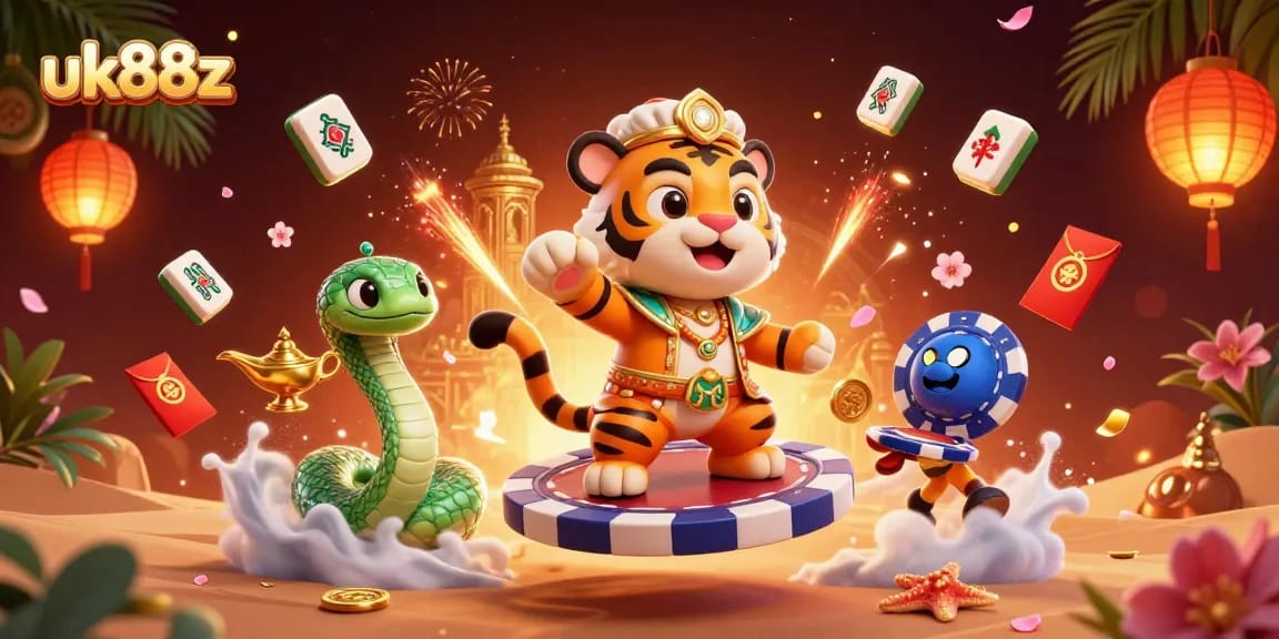 Engage in thrilling moments at uk88z, a vibrant casino scene featuring an Arabian Nights tiger sultan.