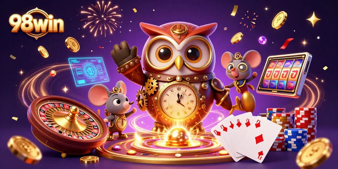 Engage in thrilling gameplay with 98win's vibrant casino illustration featuring unique characters.