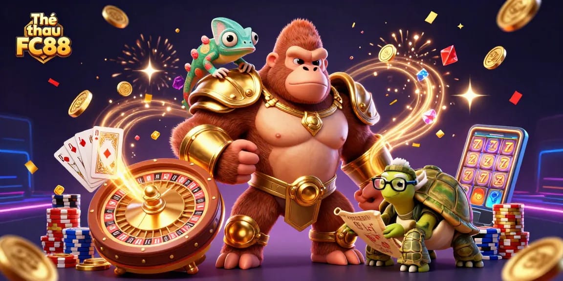 Engage in thrilling bets with Thể thao FC88, featuring a vibrant casino scene with animated characters full of excitement.