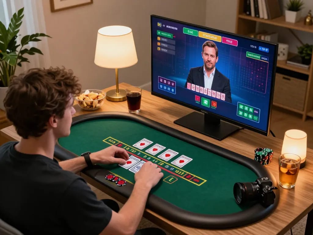 jun88 player engaging in live dealer blackjack at home, showcasing a cozy gaming setup.