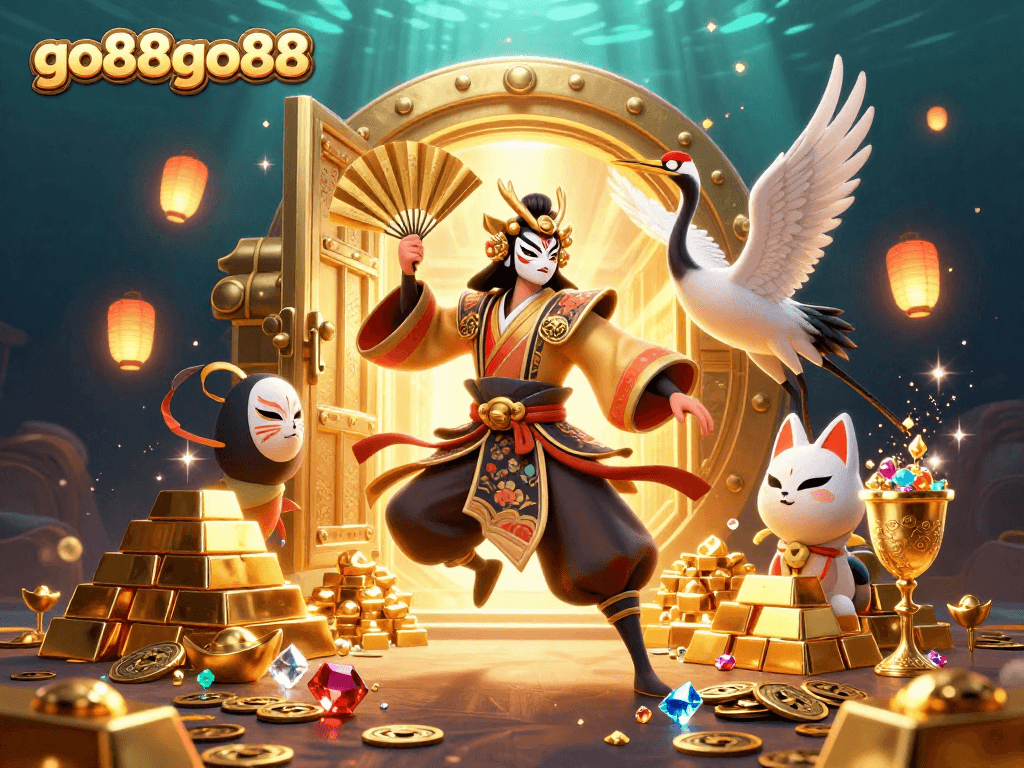 Engage with the vibrant world of go88go88, showcasing a kabuki warrior amidst a treasure-filled casino scene.