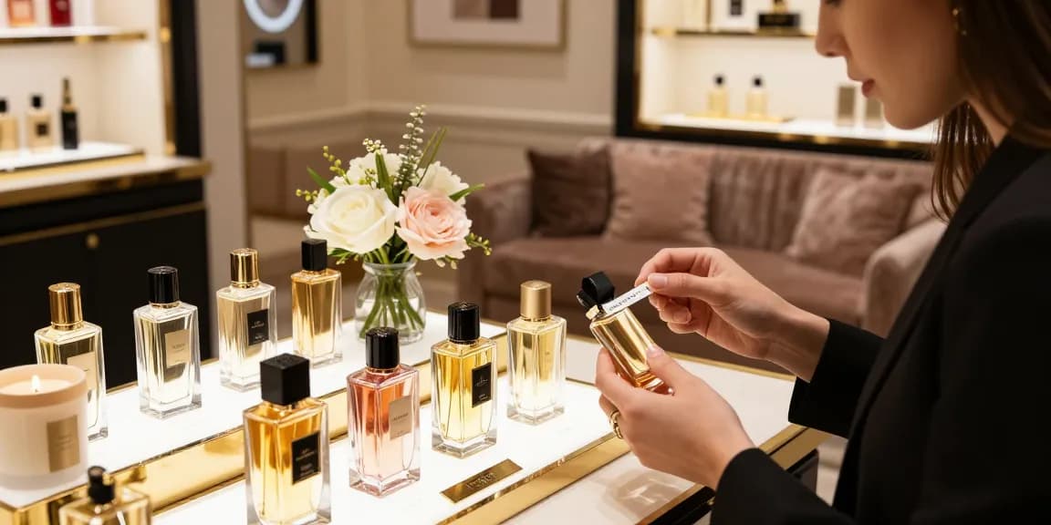 Xerjoff Perfumes displayed in an elegant fragrance boutique, with a customer exploring luxurious scent options.
