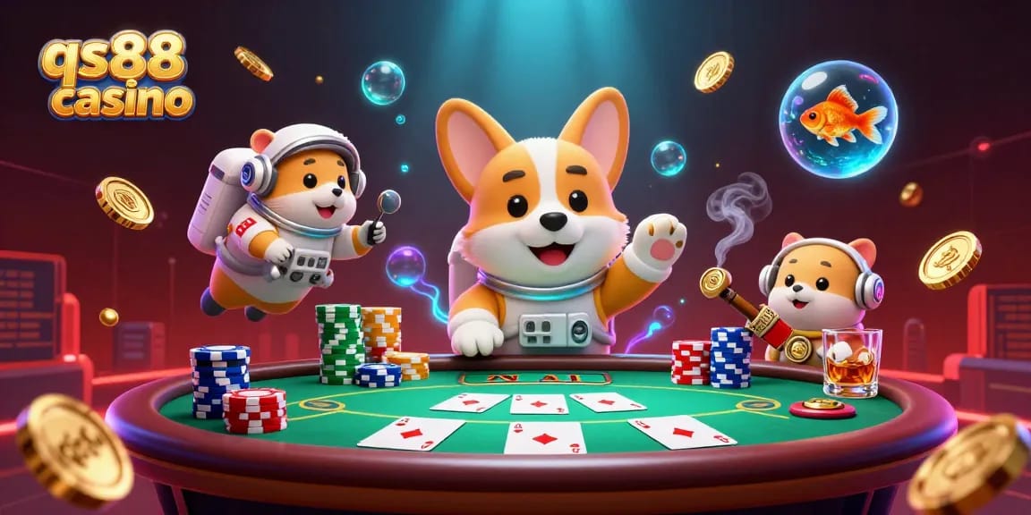 Hình ảnh qs88 casino với chú chó không gian chơi poker, cá vàng và chuột chỉ huy trong không gian