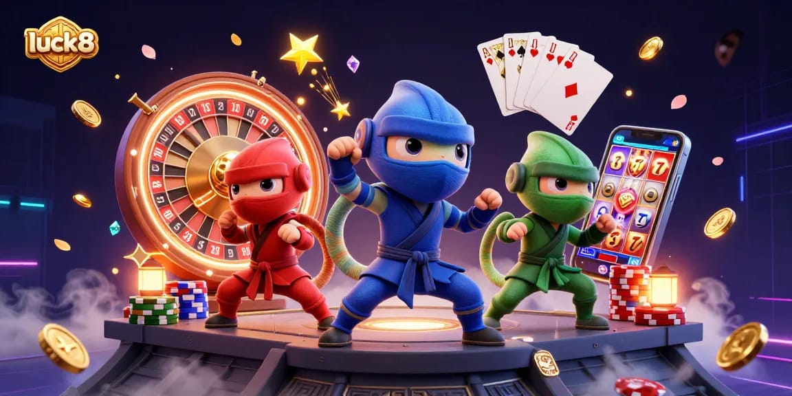Win big at luck8 casino with a colorful chameleon team performing thrilling poses surrounded by vibrant gaming elements.