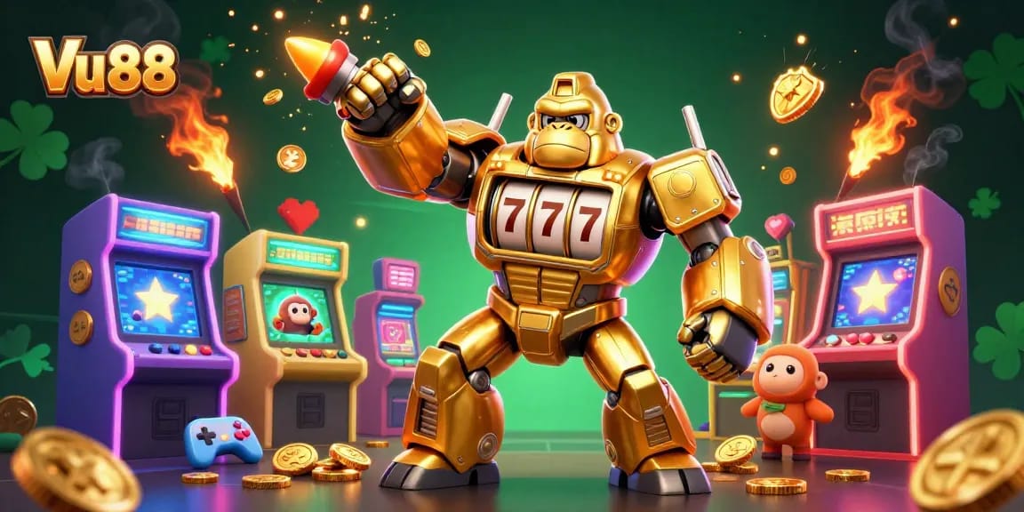 Engage in thrilling gaming with Vu 88 as golden gorilla mech showcases exciting casino elements.