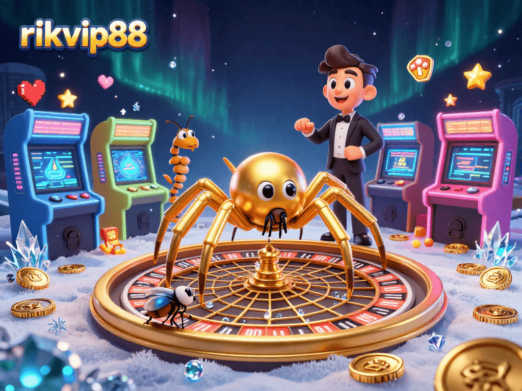 Bet with rikvip88 at a vibrant casino scene featuring an animated spider and centipede croupier.
