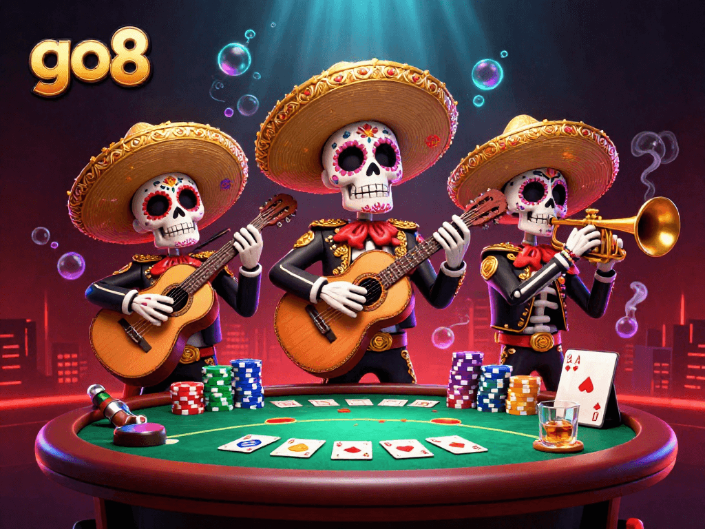 Experience thrilling poker action with go8's vibrant mariachi band and colorful chips.