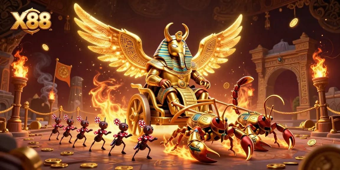 Experience premium gaming adventures at X88 with the golden beetle and dynamic gambling elements.