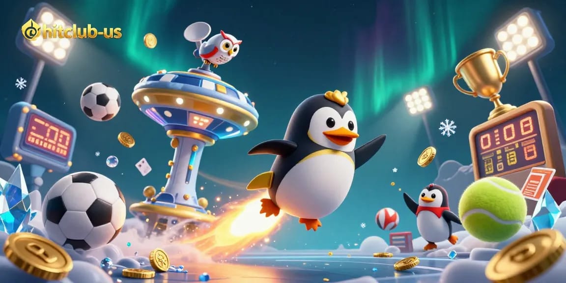 Experience thrilling gaming with hitclub-us, featuring a vibrant 3D penguin and dynamic casino themes.