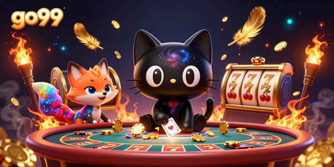 Experience the thrill of go99 as a cosmic cat pulls in casino coins at a vibrant game table.