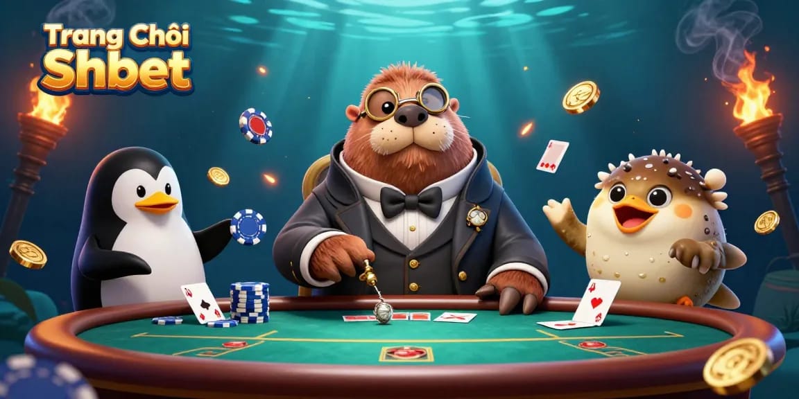 Experience the excitement of Trang Chủ Shbet at an underwater poker table with whimsical characters and game elements.