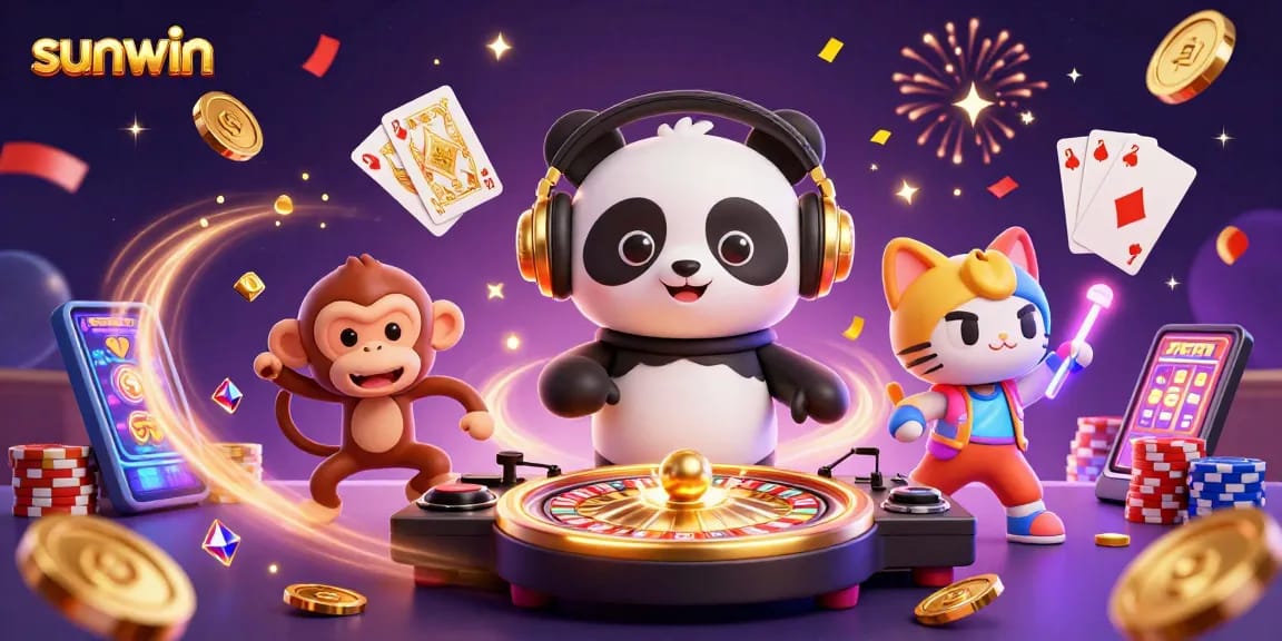 Experience the vibrant energy of sunwin with a festive DJ panda, dancing monkey, and rave kitten in a colorful casino setting.