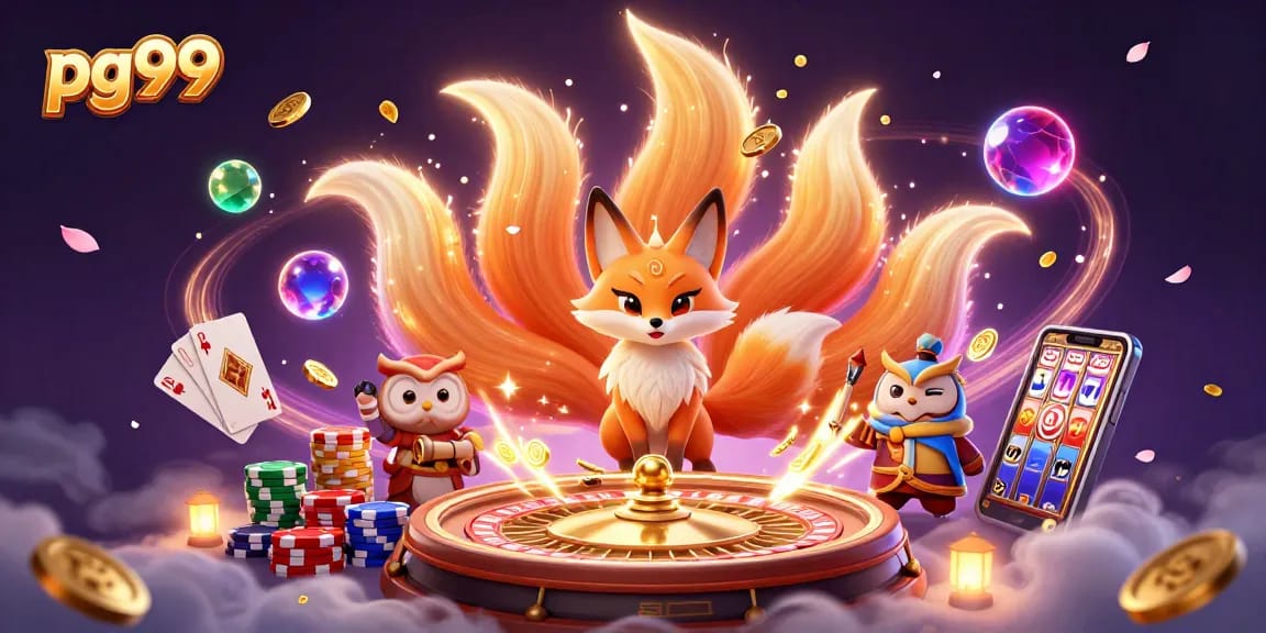 Engage in thrilling gameplay at pg99 with a vibrant 3D casino scene featuring a nine-tailed fox and wise owl.