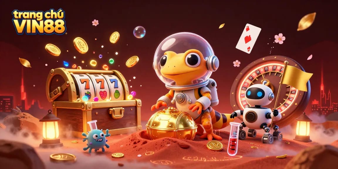 Experience the excitement of trang chủ VIN88 with a Martian gecko in a golden casino, spinning slot reels and floating cards.