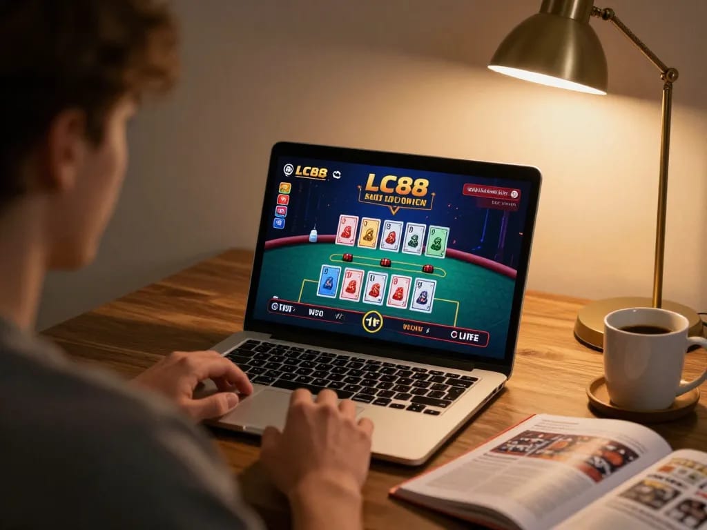 Player enjoying online casino games on LC88 platform, showcasing a vibrant live dealer experience.
