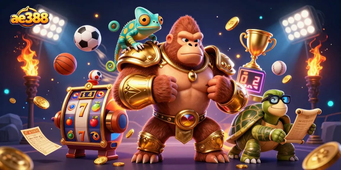 Experience thrilling gaming action with ae388, showcasing vibrant characters, slot reels, and dynamic elements.