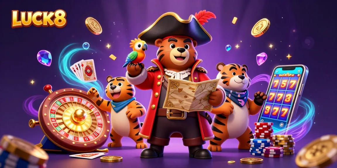 LUCK8 casino adventure featuring a pirate bear and a tiger creating excitement with game elements.