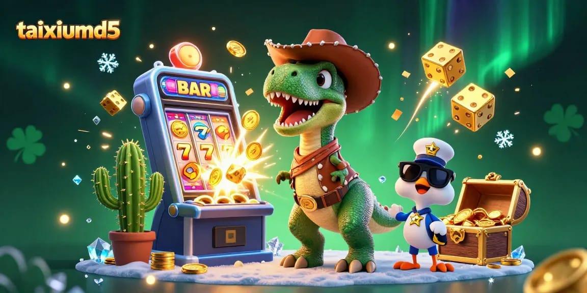 Play exciting taixiumd5 slot games with a T-Rex, cactus, and roadrunner in a vibrant casino scene.