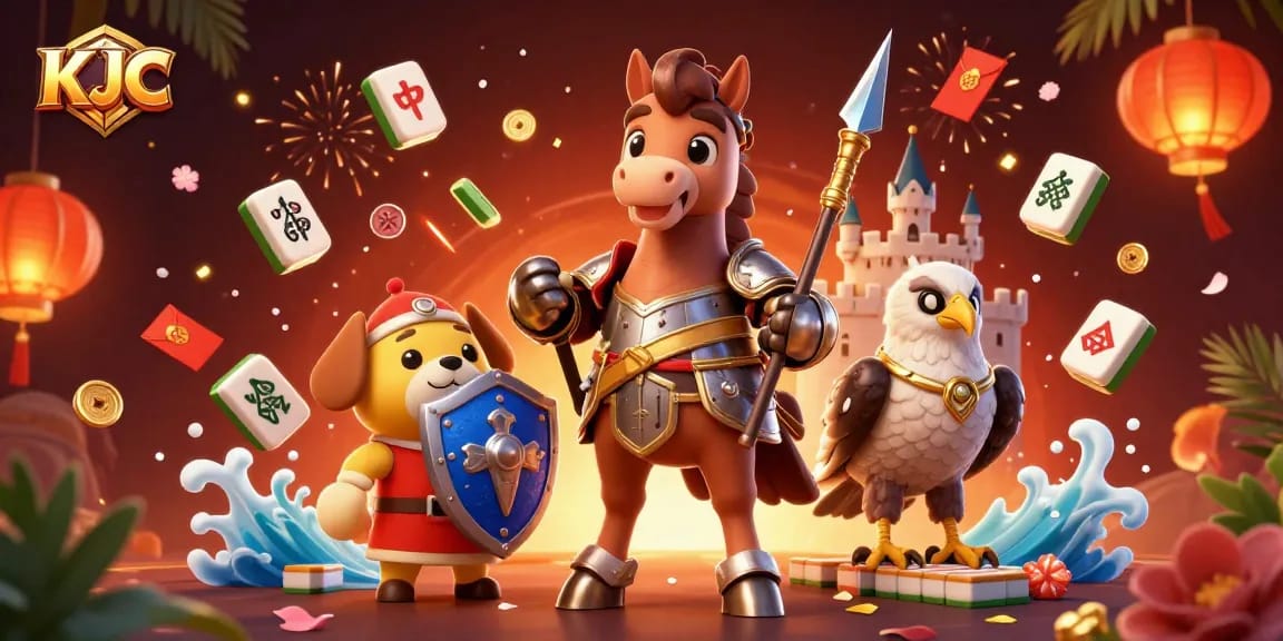 KJC offers thrilling gaming experiences featuring 3D knights, lucky mahjong tiles, and vibrant casino elements.