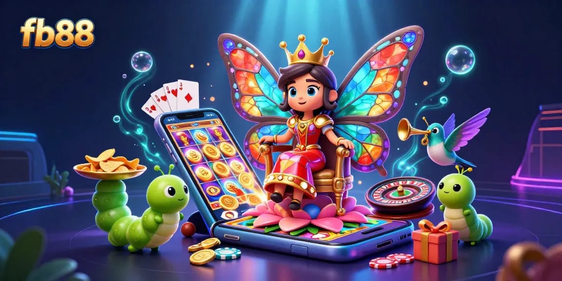 Experience excitement at fb88 with a vibrant casino scene featuring games, gold coins, and lively characters.