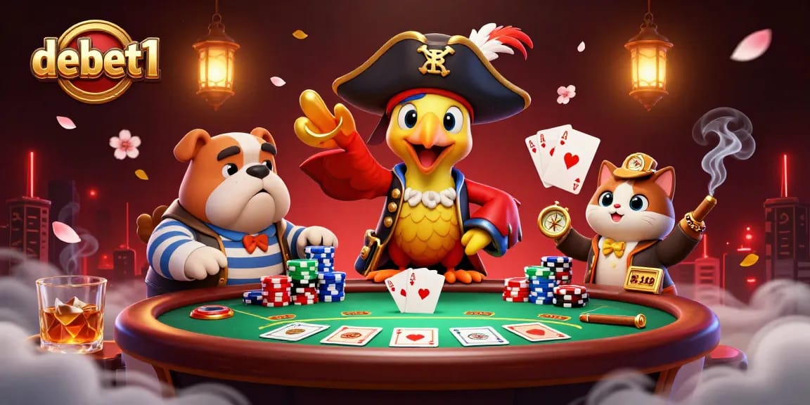 Join the adventure in debet1 with a colorful casino scene featuring a pirate captain and poker elements.